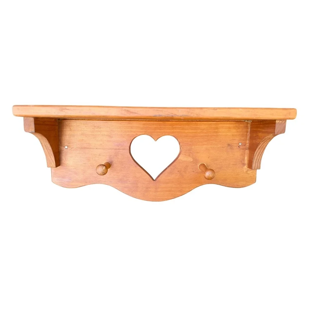 Vintage Pine Wood Heart Cutout Wall Shelf with Pegs Country Farmhouse Decor